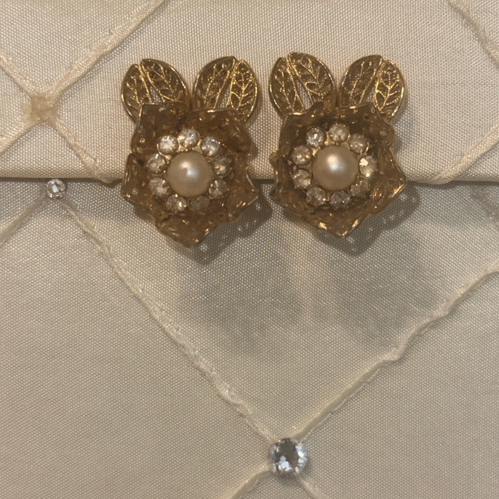 Coro Gold Floral Earrings with Pearl Center